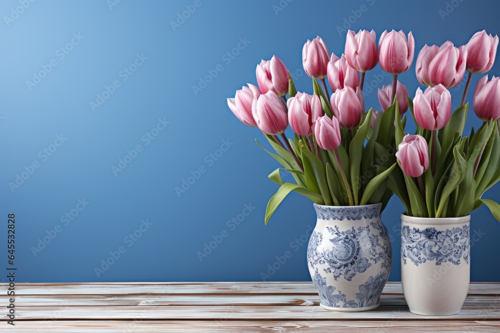 Obraz premium tulips on blue background, copy space 