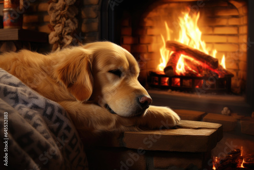Golden Retriever dog by the fireplace in a cozy house