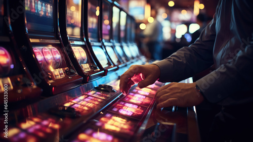Slot Machine Thrills. Close-up of a person playing a slot machine in a casino. Generative AI