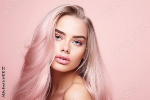Beautiful stylish young woman with long pink hair on pink trendy background