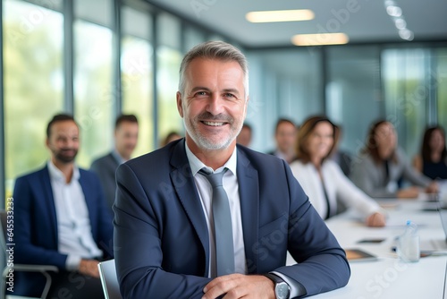 Happy mature business man team manager CEO executive leading group corporate meeting in board room. business team people company staff working together at office table. generative AI