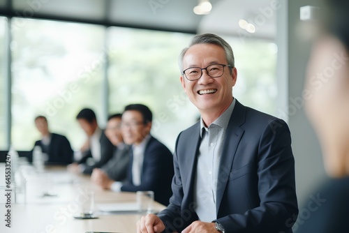 happy mature korean business man team manager CEO executive leading group corporate meeting in board room. asian business team people company staff working together at office table. generative AI