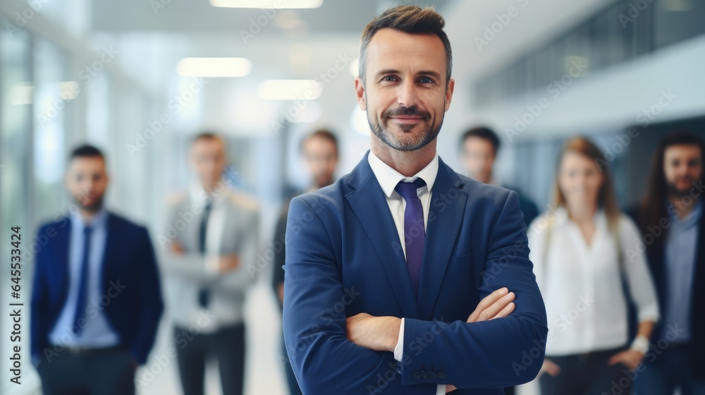leader businessman in suit in with blured team people in office, successful teamwork and confident manager, Generative AI leader businessman in suit in with blured team people in office, successful teamwork and confident manager, Generative AI