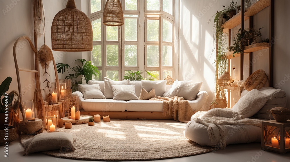 Fototapeta premium Light room interior in boho style. Neutral bohemian decor in living room, wicker lamps, soft furniture, green plants and candles. Generative AI