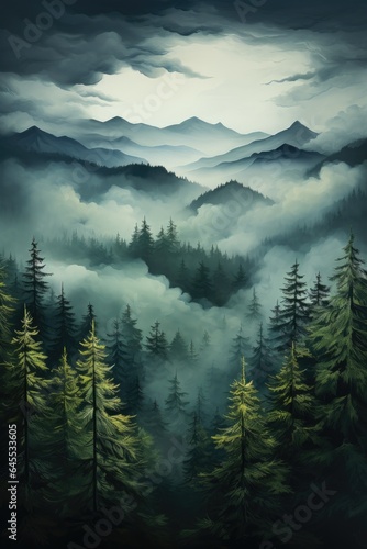 Foggy pine forest view from above Generative AI. © Lana_M