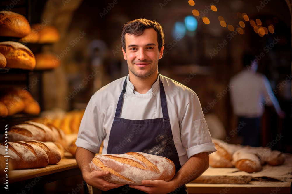 The Art of Baking: A Portrait of a French Man Proudly Serving as a Male Baker, Presenting a Fresh Baguette with Ample Copy Space.

