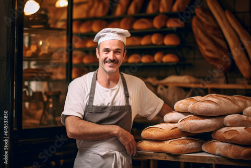 The Art of Baking: A Portrait of a French Man Proudly Serving as a Male Baker, Presenting a Fresh Baguette with Ample Copy Space.

