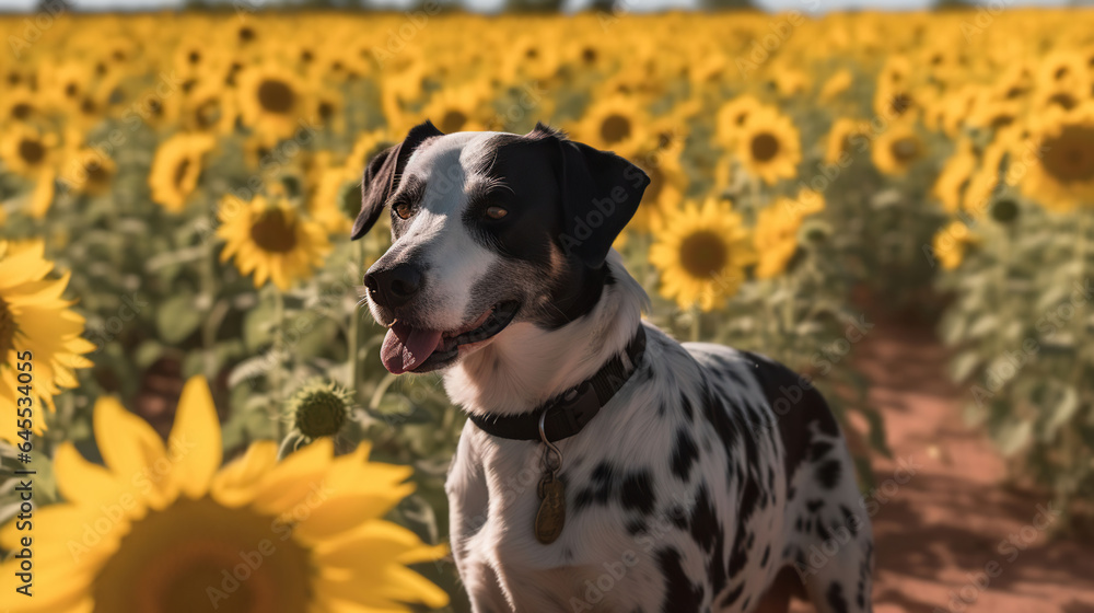 Dogs Frolicking near a Sunflower Meadow. Generative AI Dogs Frolicking near a Sunflower Meadow. Generative AI