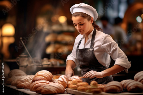 Baking Artistry: A Portrait of a French Woman Flourishing as a Baker, Showcasing a Fresh Baguette with Ample Copy Space.