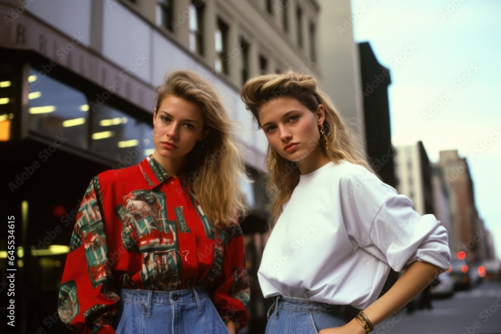 90s Memories. 90s street style: Two fashionable girls owning the era's iconic fashion trends.