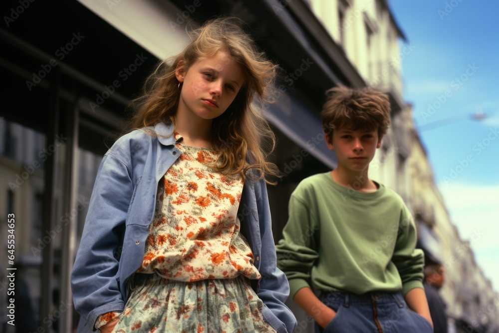 Naklejka premium Nostalgic Paris stroll: Friends in the enchanting streets of the '90s.