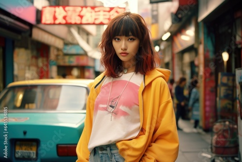 Young girl immersed in the vibrant energy of Tokyo's '90s streets, a fusion of culture and fashion.