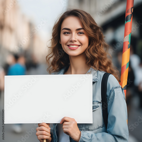 Mujer joven sonriendo sujetando un cartel en blanco 