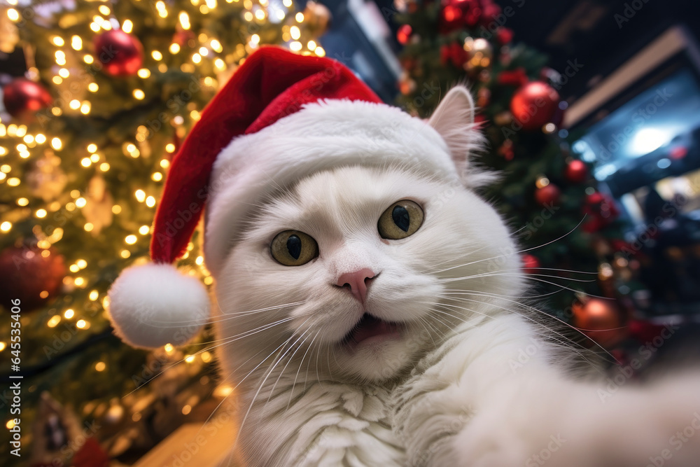 Funny cat making selfy by the Christmas tree Funny cat making selfy by the Christmas tree