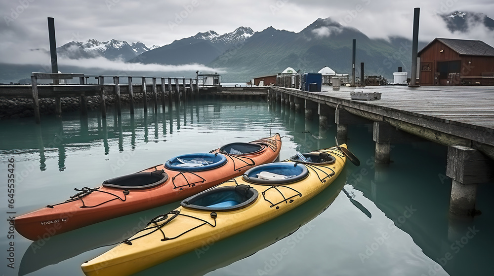 Kayaks Resting by the Pier, Awaiting Exploration. Generative AI