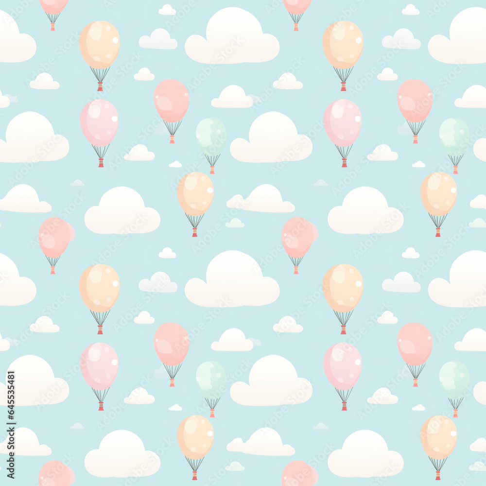 Watercolor seamless pattern with pink balloons and white clouds on blue background