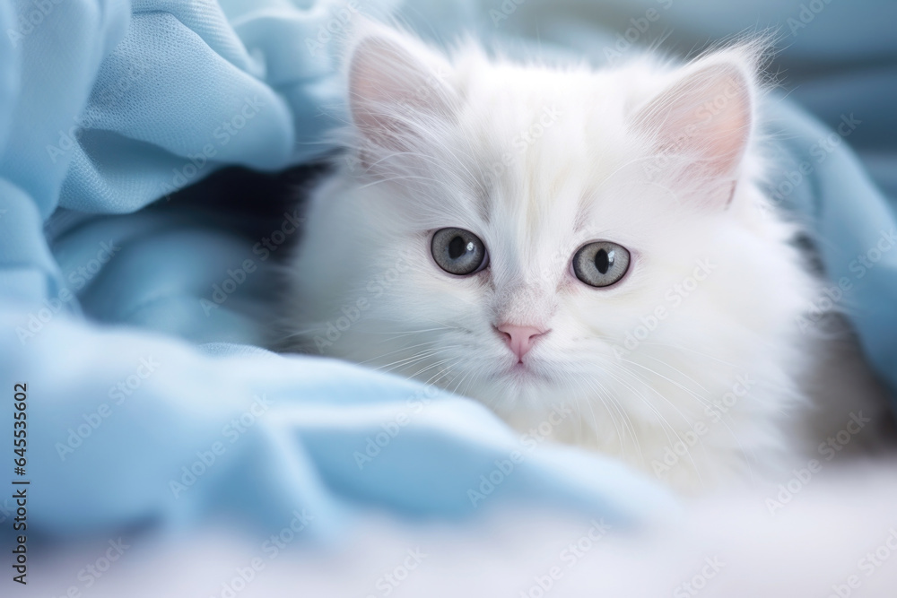 White Turkish angora kittens on the blue background