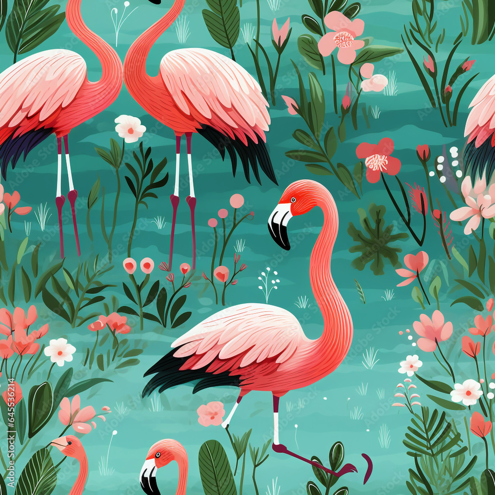 Obraz premium flamingos in a fiesta saturated pinks and greens seamless, pattern, texture, background