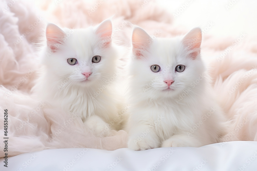 White Turkish angora kittens on the pink background