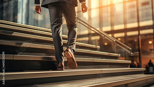 Close up, young businessman feet sprinting up stairs office middle. Generative AI