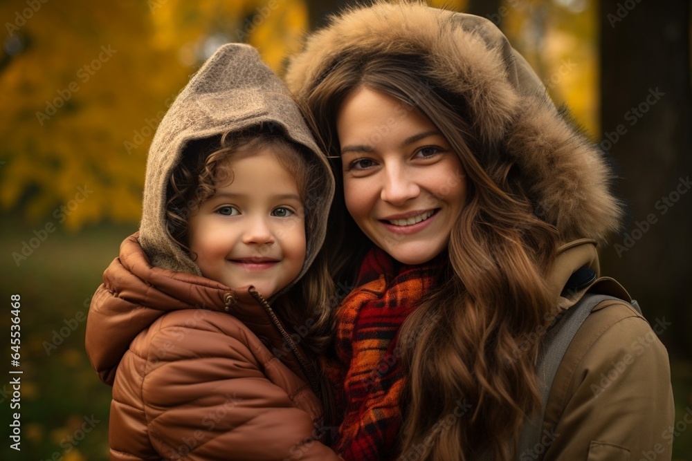 Generative AI : woman hugs a 5 - year - old little girl, smiling, stands in the park woods Generative AI : woman hugs a 5 - year - old little girl, smiling, stands in the park woods