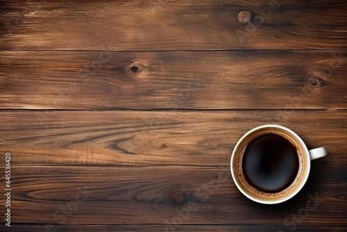 Generative AI : Table background of free space for your product and cup of hot coffee.Cafe interior and dark mood photo.