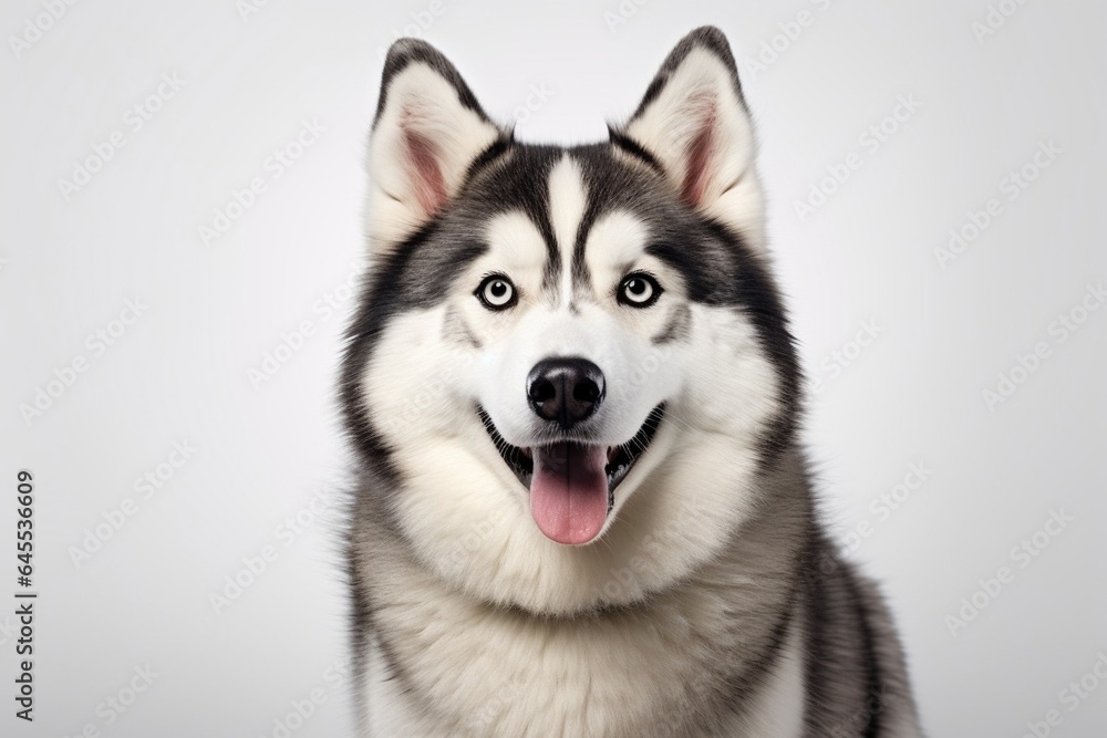 Generative AI : Cute little Alaskan Malamute dog on blue background in studio Generative AI : Cute little Alaskan Malamute dog on blue background in studio