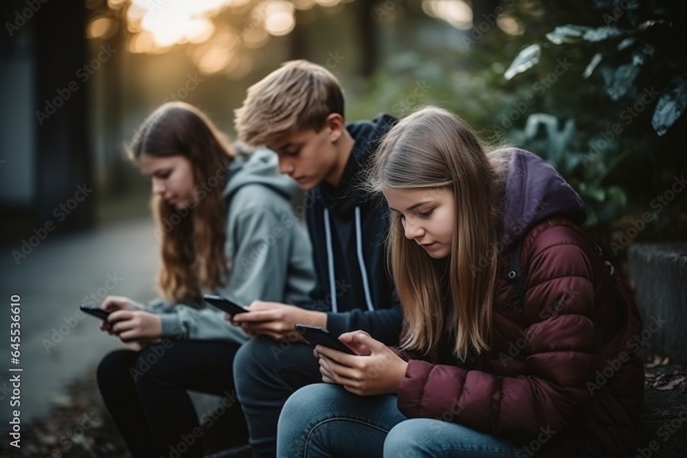 Generative AI : Teenage friends spending time together using smartphones outdoors - obrazy, fototapety, plakaty 