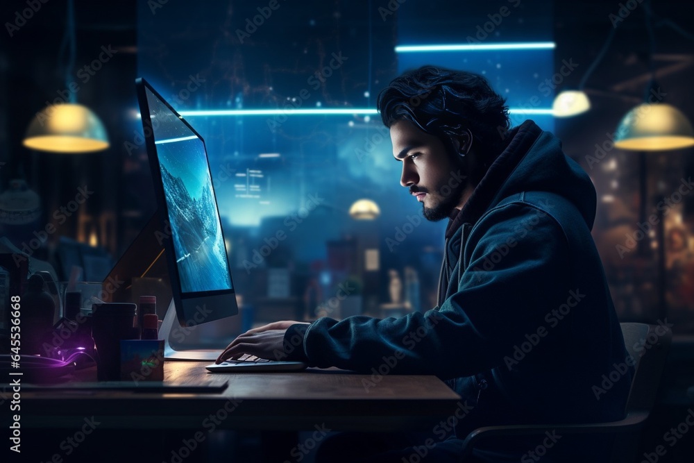 Generative AI : Serious businessman working on laptop at night in modern office. Generative AI : Serious businessman working on laptop at night in modern office.