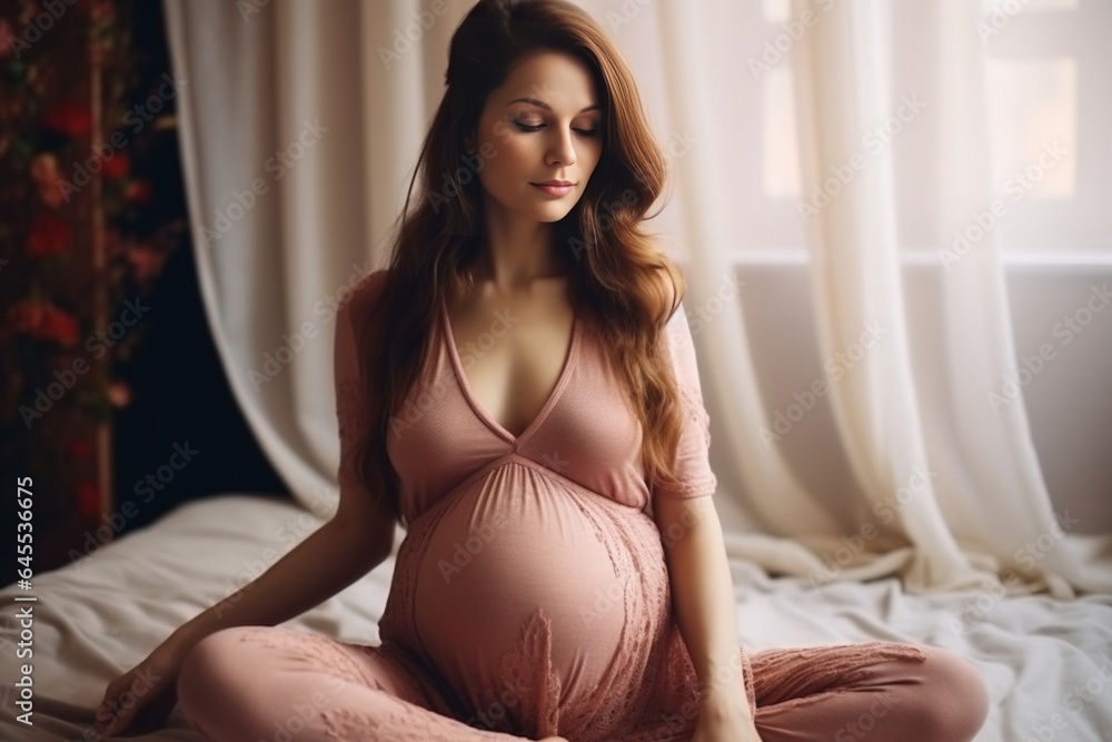 Generative AI : Pregnant woman sitting on coach at home close up of belly Generative AI : Pregnant woman sitting on coach at home close up of belly