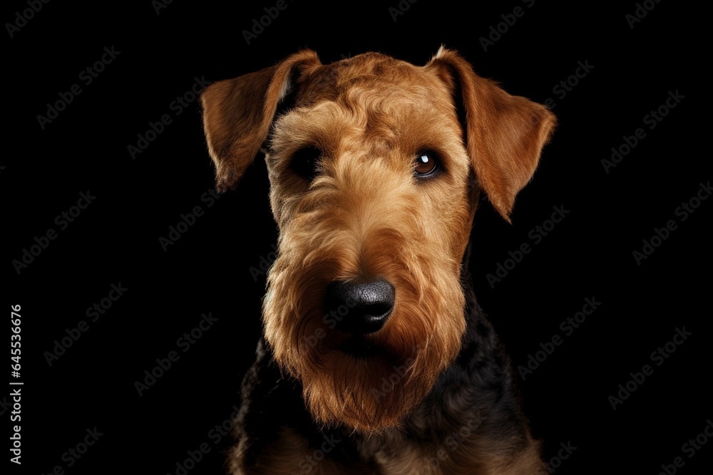 Generative AI : Cute little Airedale Terrier dog on blue background in studio Generative AI : Cute little Airedale Terrier dog on blue background in studio