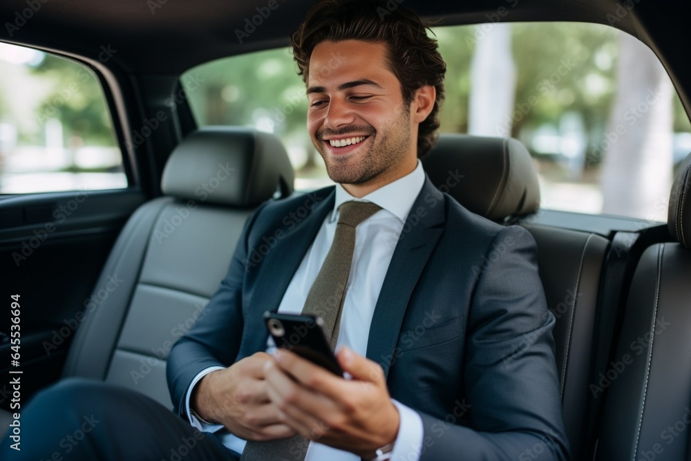 Generative AI : Businessman talking on the mobile phone and looking outside the window while sitting on back seat of a taxi. Male business executive travelling by a car and making phone call.