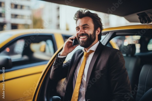 Generative AI : Businessman talking on the mobile phone and looking outside the window while sitting on back seat of a taxi. Male business executive travelling by a car and making phone call. © The Little Hut