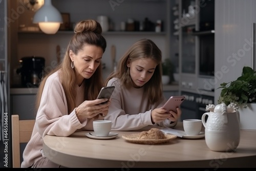 Generative AI : Positive adult woman with teen daughter engrossed in phones sitting at table in cozy home kitchen. Concept of family phubbing and digital distractions.. photo