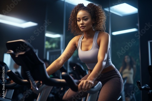 Generative AI : Woman doing cardio on exercise bike for health and wellbeing