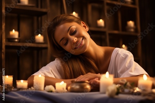 Generative AI   Young woman enjoying a massage at spa.