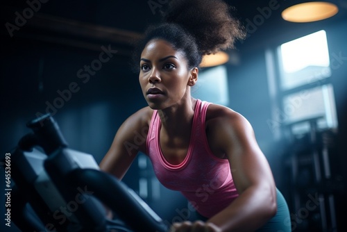 Generative AI : Woman doing cardio on exercise bike for health and wellbeing