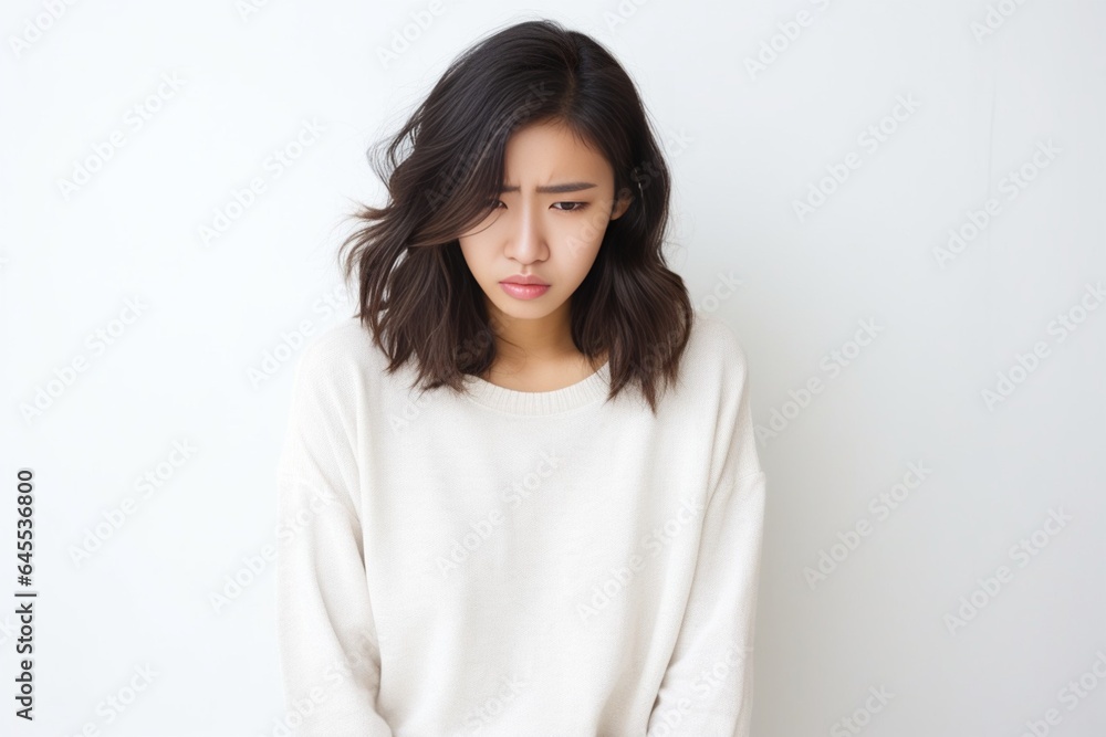 Generative AI : Young sad woman, have big problem or depression, over white background Generative AI : Young sad woman, have big problem or depression, over white background