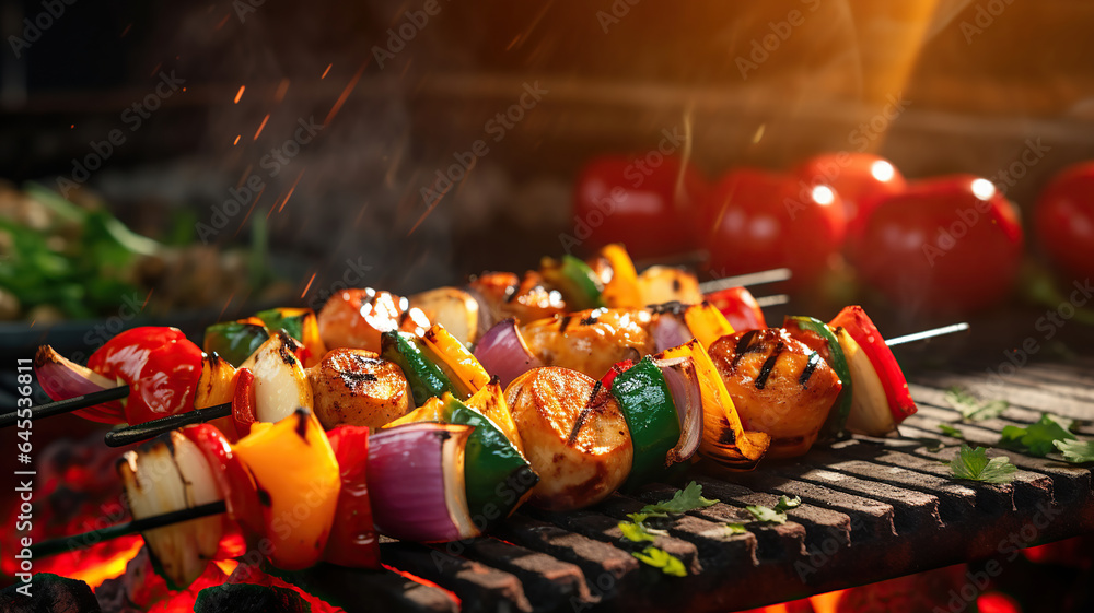 Vibrant vegetable skewers sizzling over an open flame against a blurred backdrop
