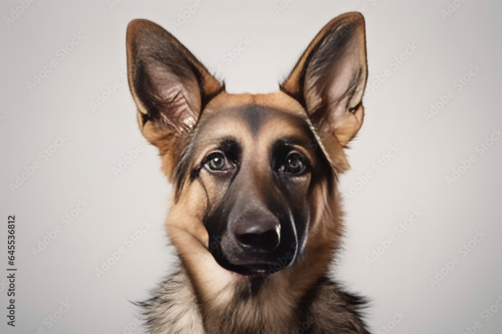 Generative AI : Cute little German Shepherd dog on blue background in studio