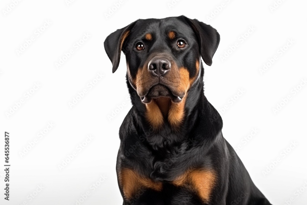 Generative AI : Cute little Rottweiler dog on blue background in studio Generative AI : Cute little Rottweiler dog on blue background in studio