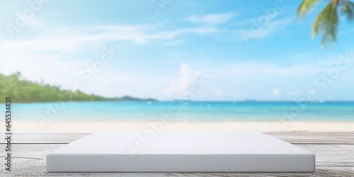 Generative AI   Top of wood table with blurred sea and coconut tree background - Empty ready for your product display montage. Concept of beach in summer