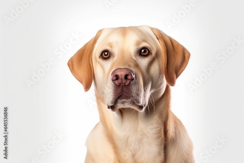 Generative AI   Cute little Labrador Retriever dog on blue background in studio