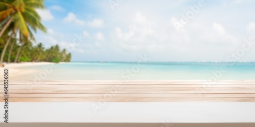Generative AI : Top of wood table with blurred sea and coconut tree background - Empty ready for your product display montage. Concept of beach in summer © The Little Hut