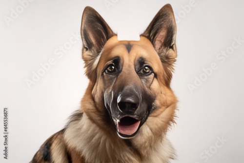 Generative AI : Cute little German Shepherd dog on blue background in studio