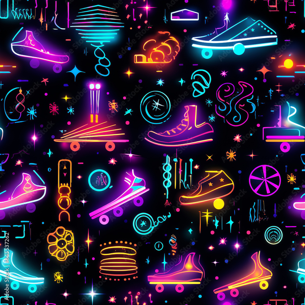 roller disco rink neon signs and glow trails seamless, pattern, texture, background