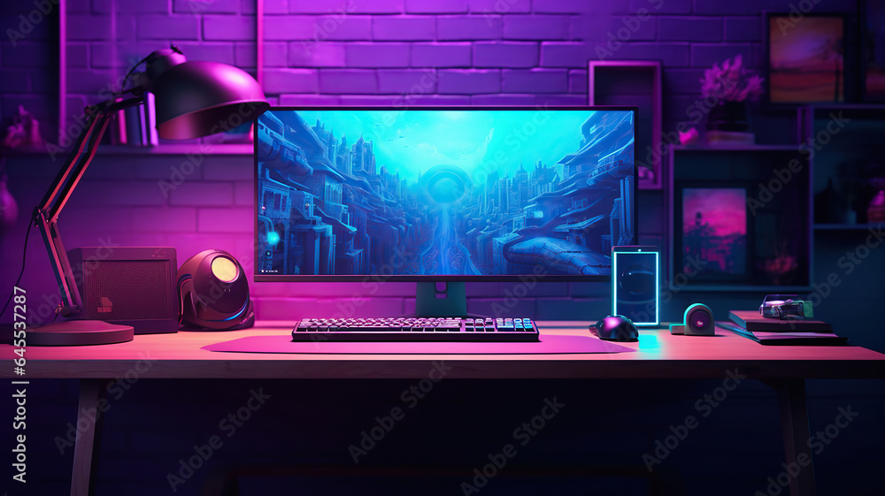 Fototapeta premium A desk designed for gaming workstations paired with a desktop computer
