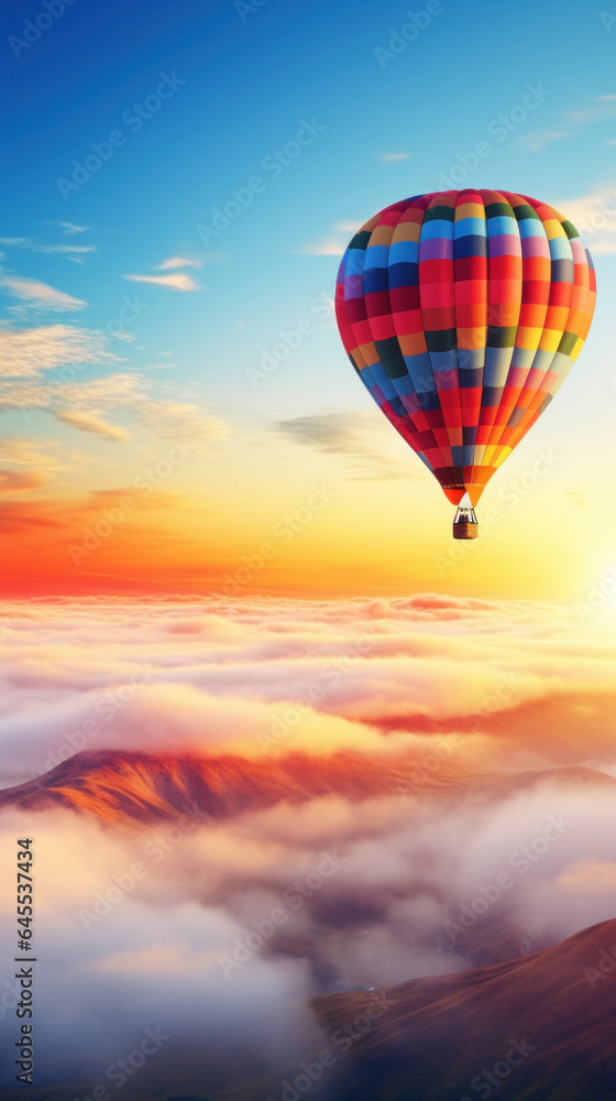 Hot air balloon in horizon sky, morning sunlight