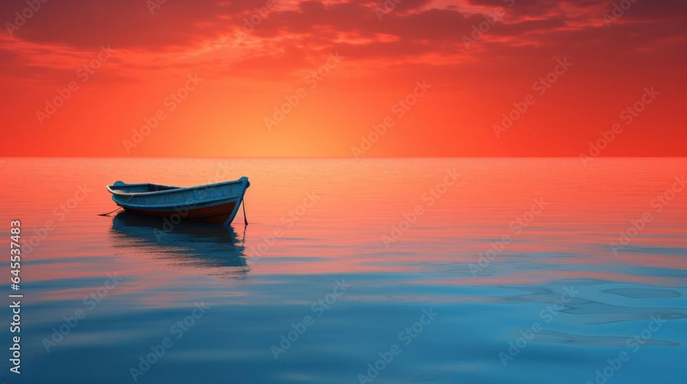 Peaceful landscape with boat and river at sunset