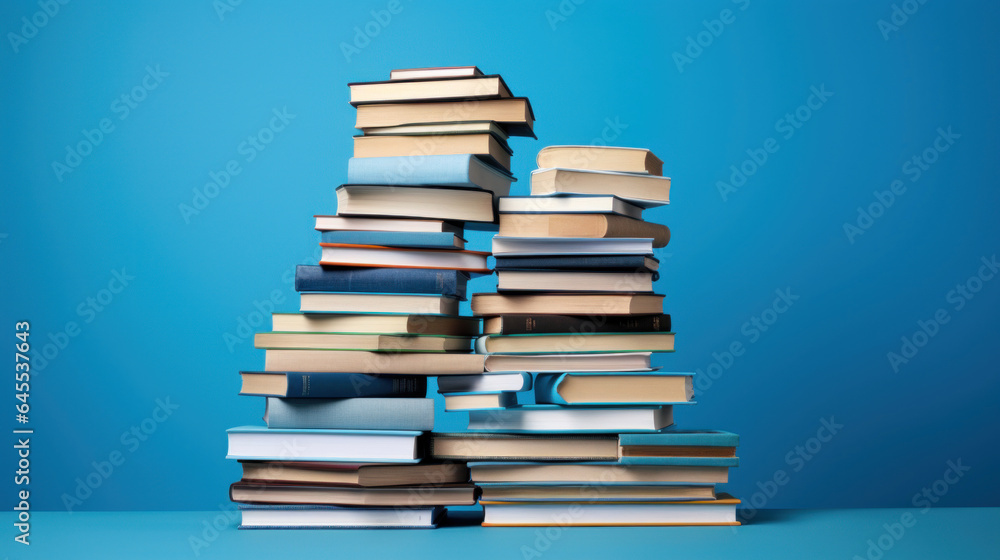 Pile of books organized on top of each other in a blue background Pile of books organized on top of each other in a blue background